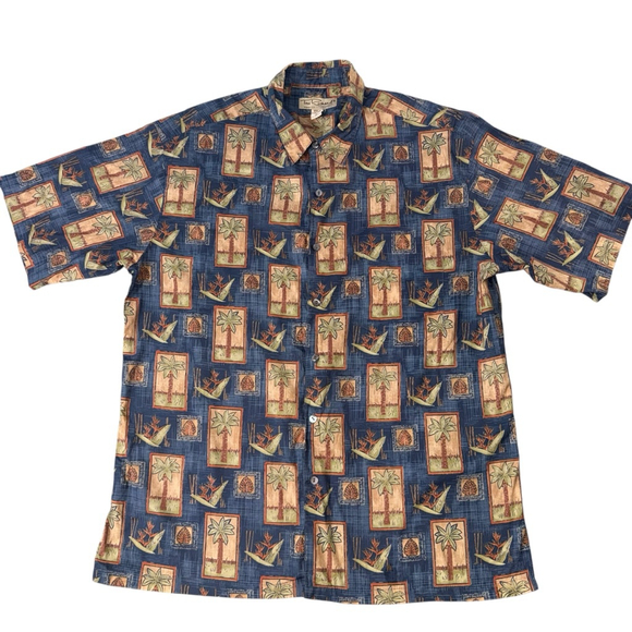 Vintage Tori Richard Casual Button Down Shirt L Blue Brown Palm Tree Cotton Lawn - Picture 2 of 9